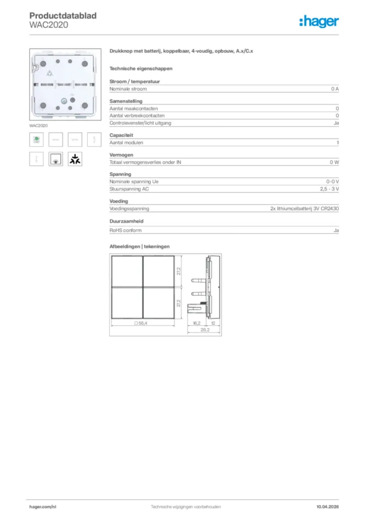 Afbeelding Hager Productdatablad WAC2020 | Hager Nederland