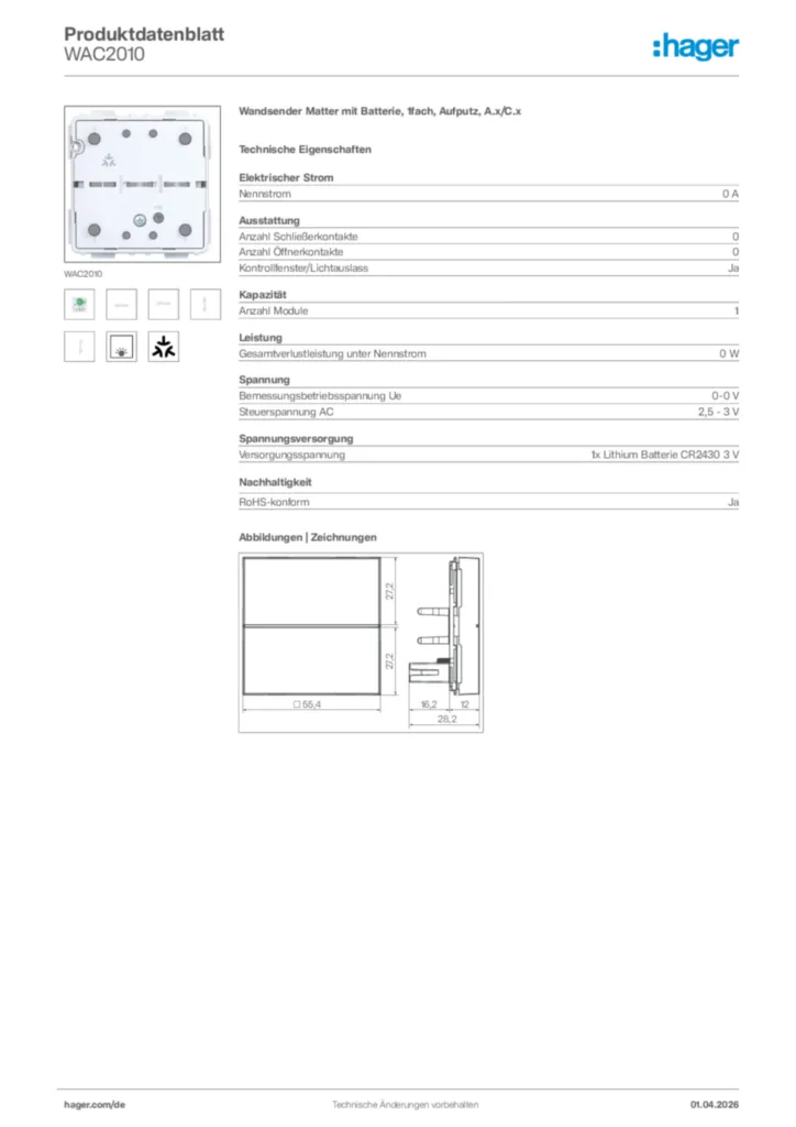 Bild Hager Produktdatenblatt WAC2010 | Hager Deutschland