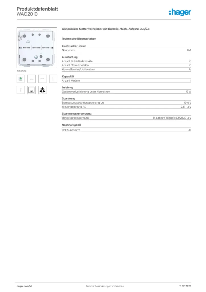 Bild Hager Produktdatenblatt WAC2010 | Hager Deutschland