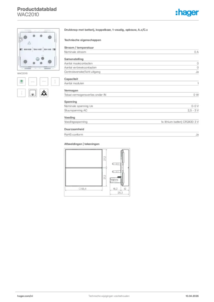Afbeelding Hager Productdatablad WAC2010 | Hager Nederland