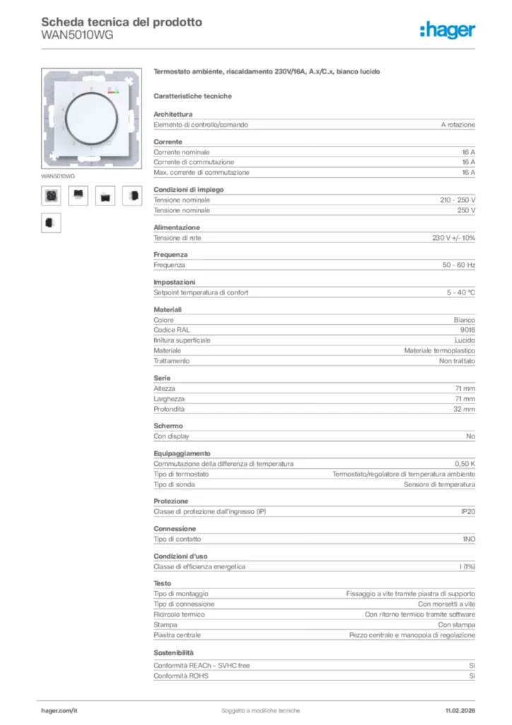 Immagine Hager Scheda tecnica del prodotto WAN5010WG | Hager Italia