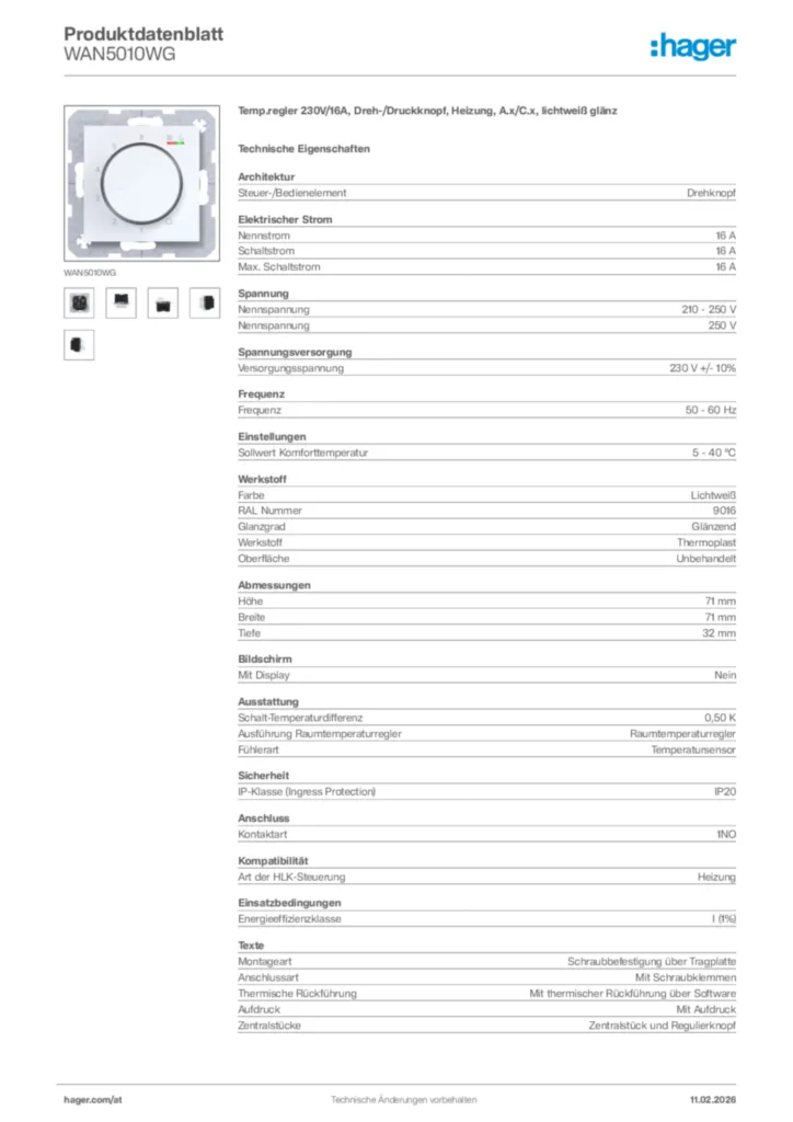 Bild Hager Produktdatenblatt WAN5010WG | Hager Deutschland