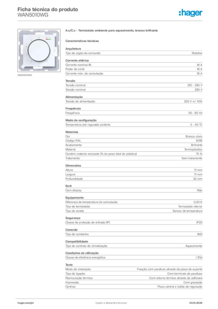 Imagem Hager Ficha técnica do produto WAN5010WG | Hager Portugal