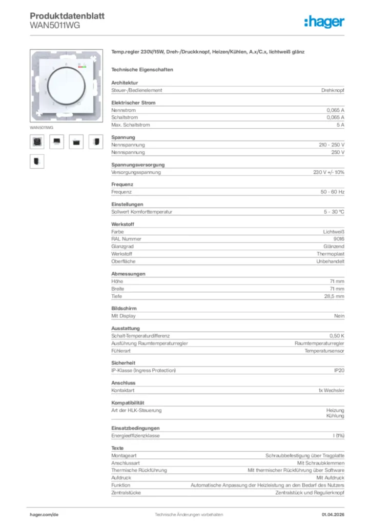 Bild Hager Produktdatenblatt WAN5011WG | Hager Deutschland