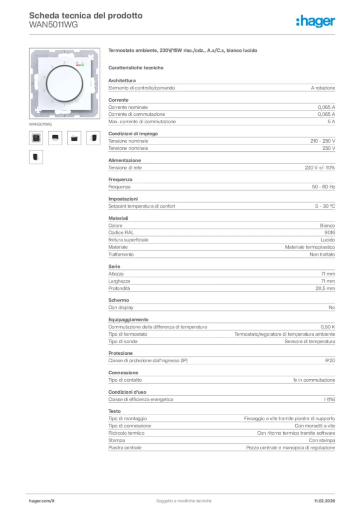 Immagine Hager Scheda tecnica del prodotto WAN5011WG | Hager Italia