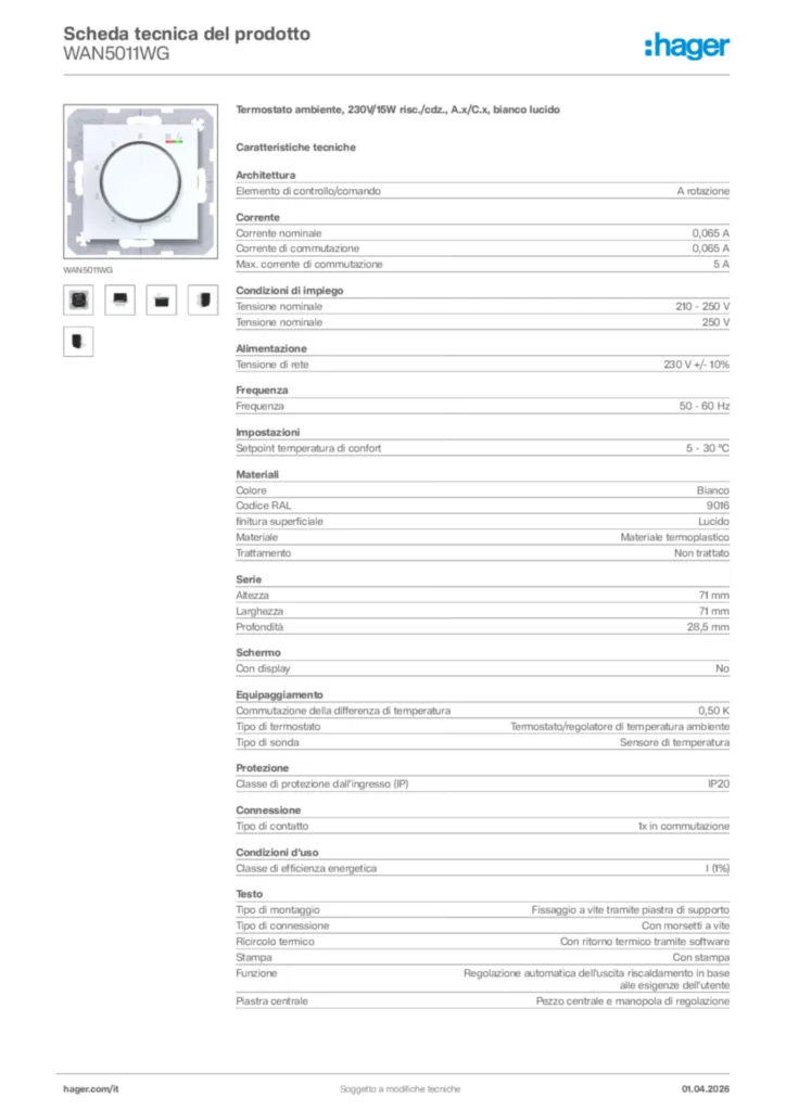 Immagine Hager Scheda tecnica del prodotto WAN5011WG | Hager Italia