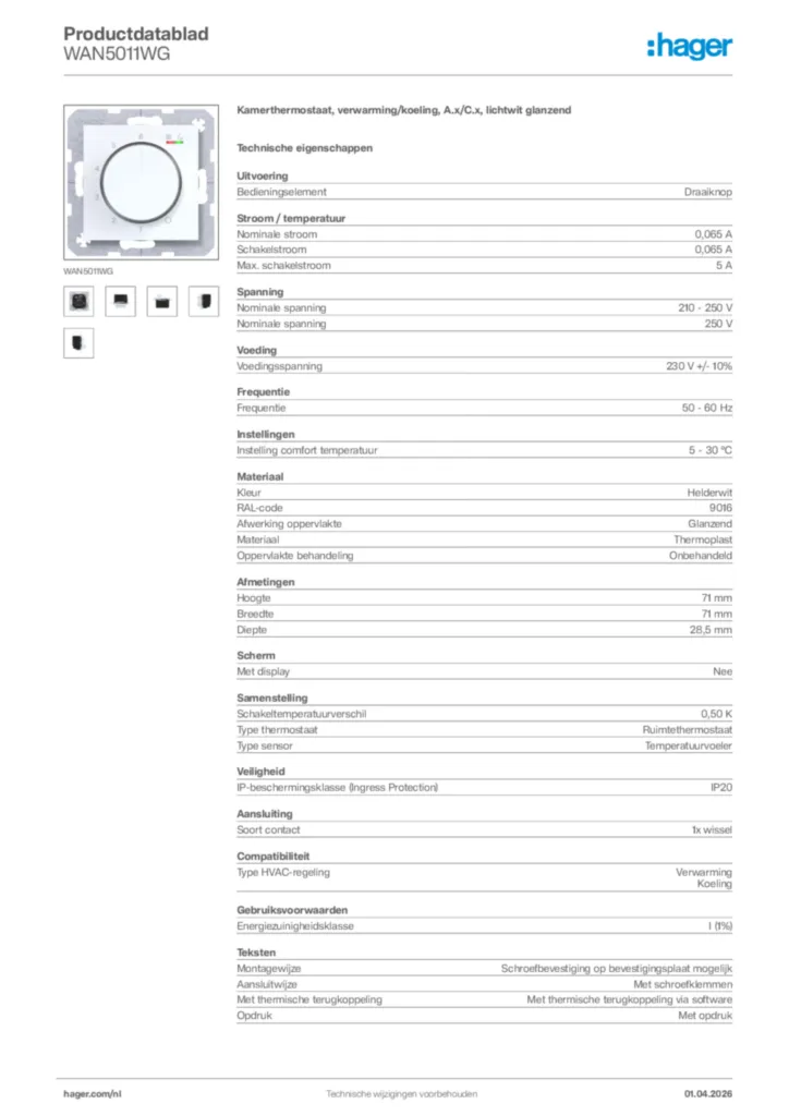 Afbeelding Hager Productdatablad WAN5011WG | Hager Nederland