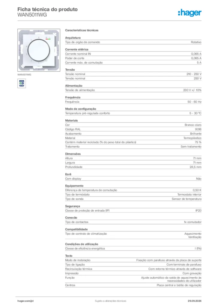 Imagem Hager Ficha técnica do produto WAN5011WG | Hager Portugal