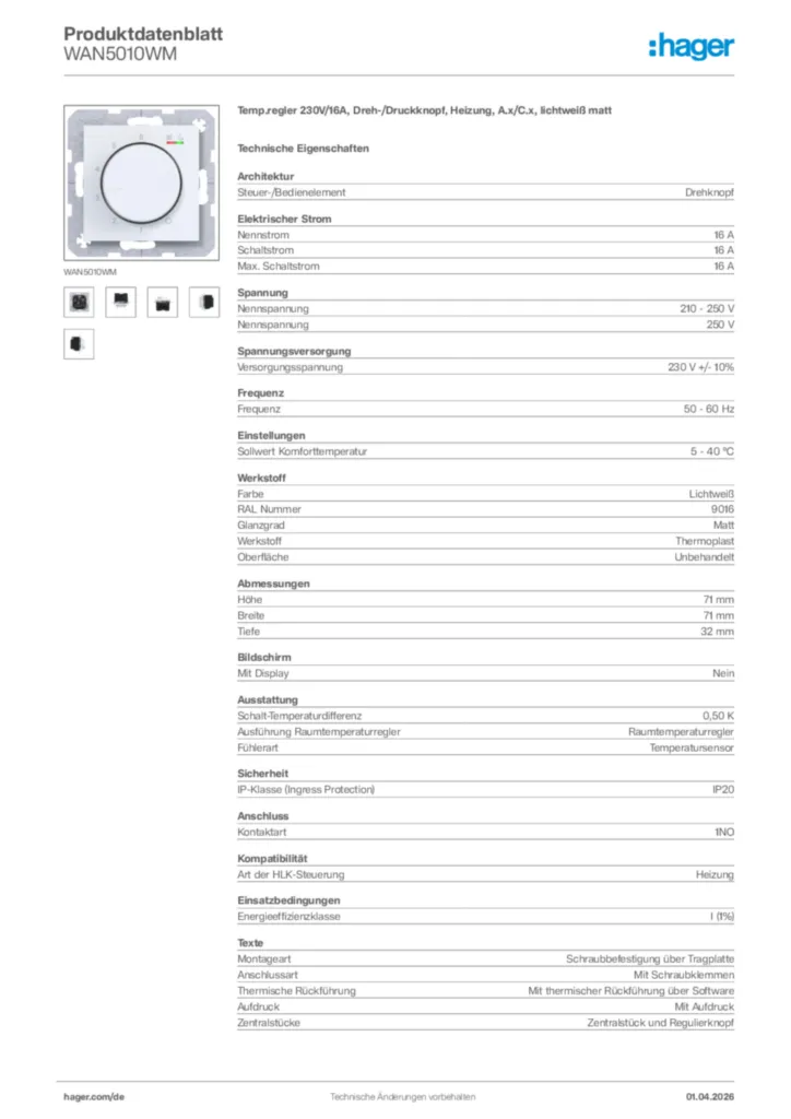 Bild Hager Produktdatenblatt WAN5010WM | Hager Deutschland