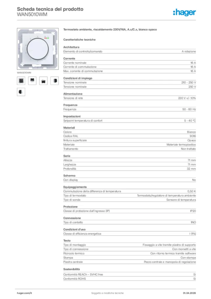 Immagine Hager Scheda tecnica del prodotto WAN5010WM | Hager Italia