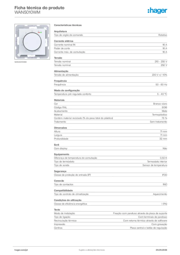 Imagem Hager Ficha técnica do produto WAN5010WM | Hager Portugal