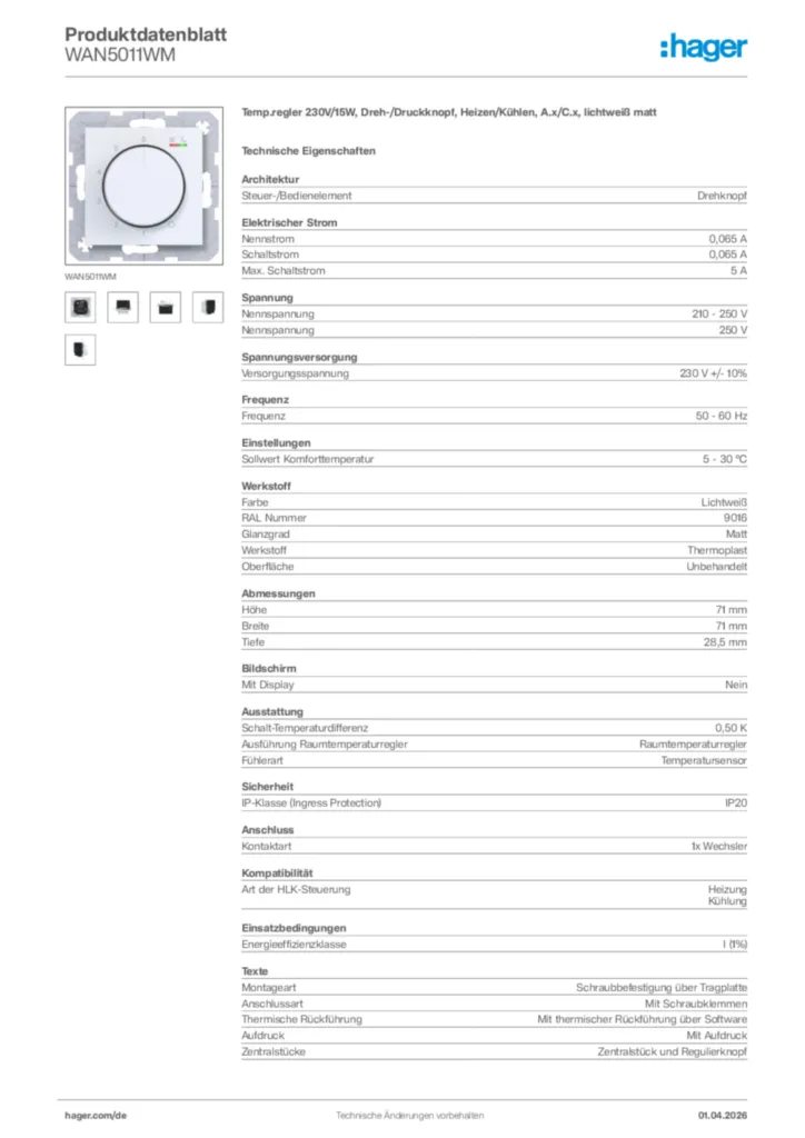 Bild Hager Produktdatenblatt WAN5011WM | Hager Deutschland