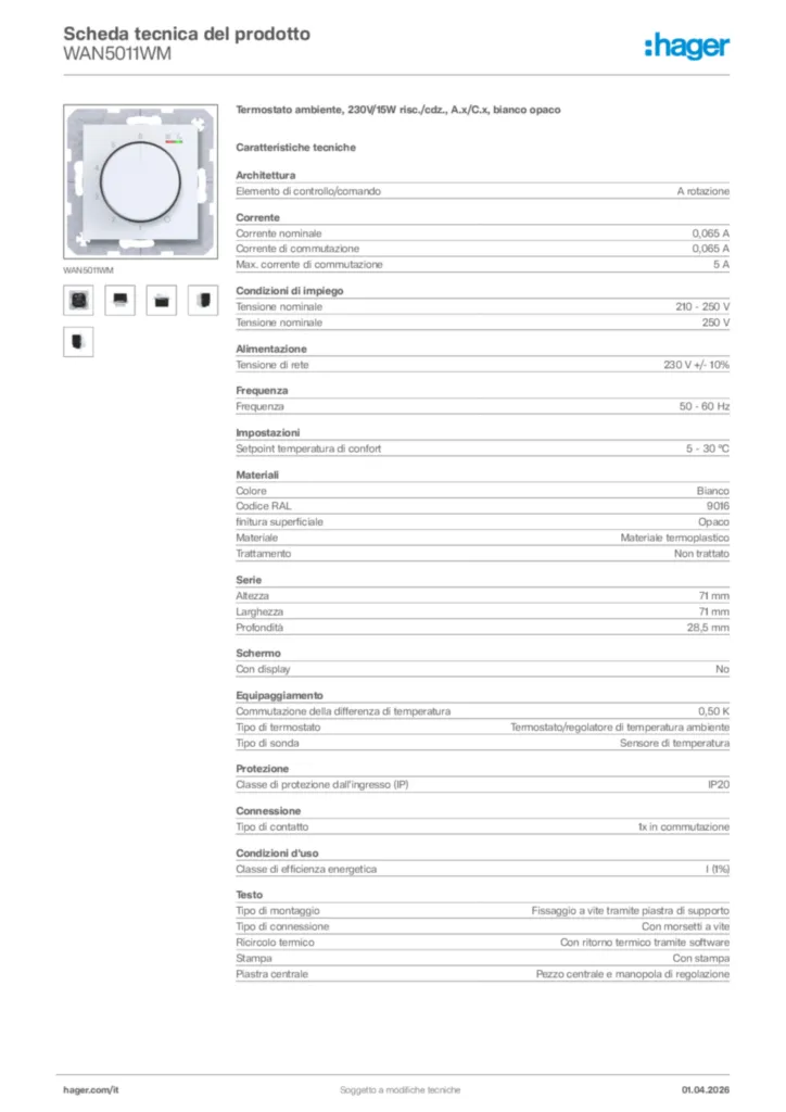 Immagine Hager Scheda tecnica del prodotto WAN5011WM | Hager Italia