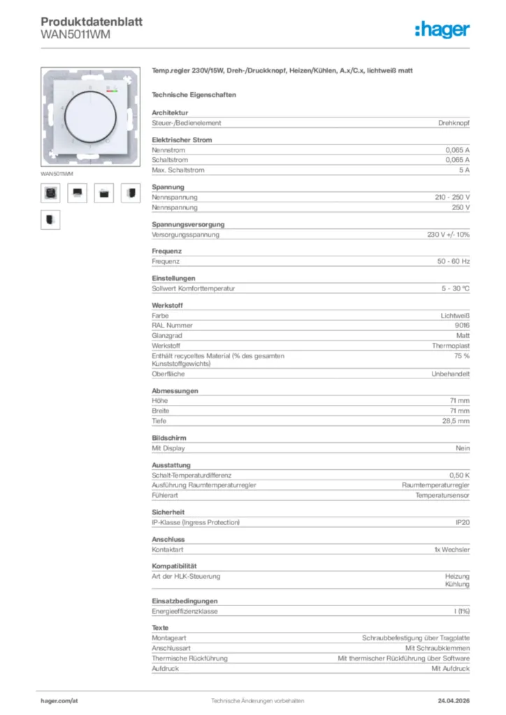 Bild Hager Produktdatenblatt WAN5011WM | Hager Deutschland
