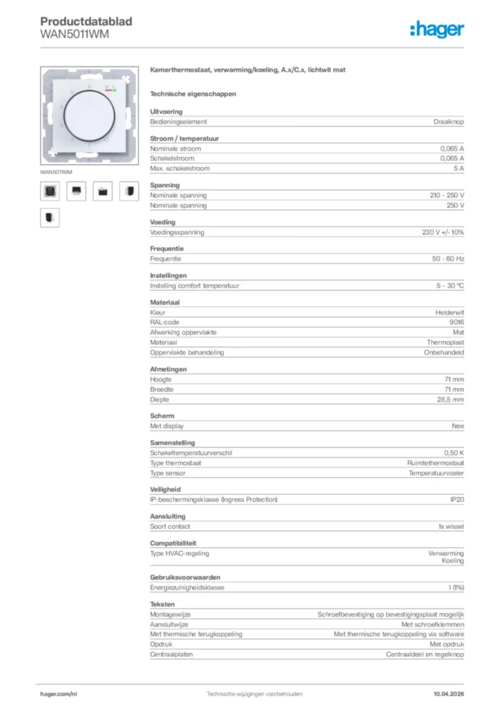 Afbeelding Hager Productdatablad WAN5011WM | Hager Nederland
