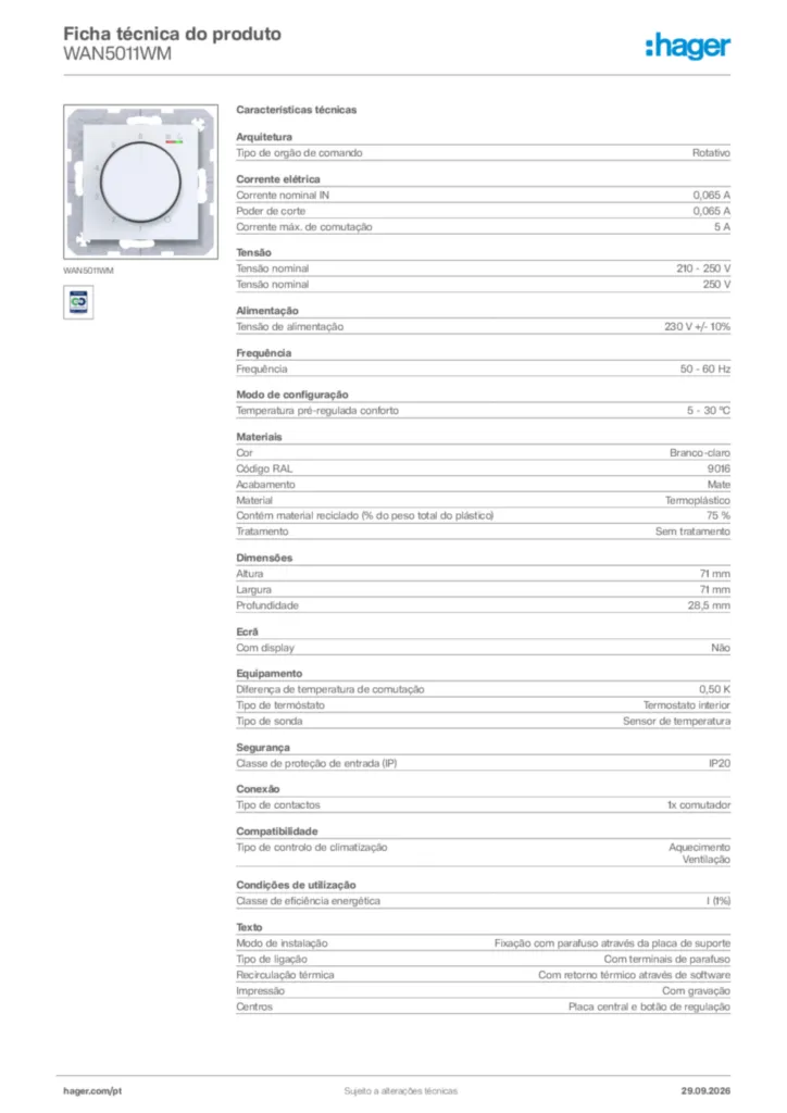 Imagem Hager Ficha técnica do produto WAN5011WM | Hager Portugal