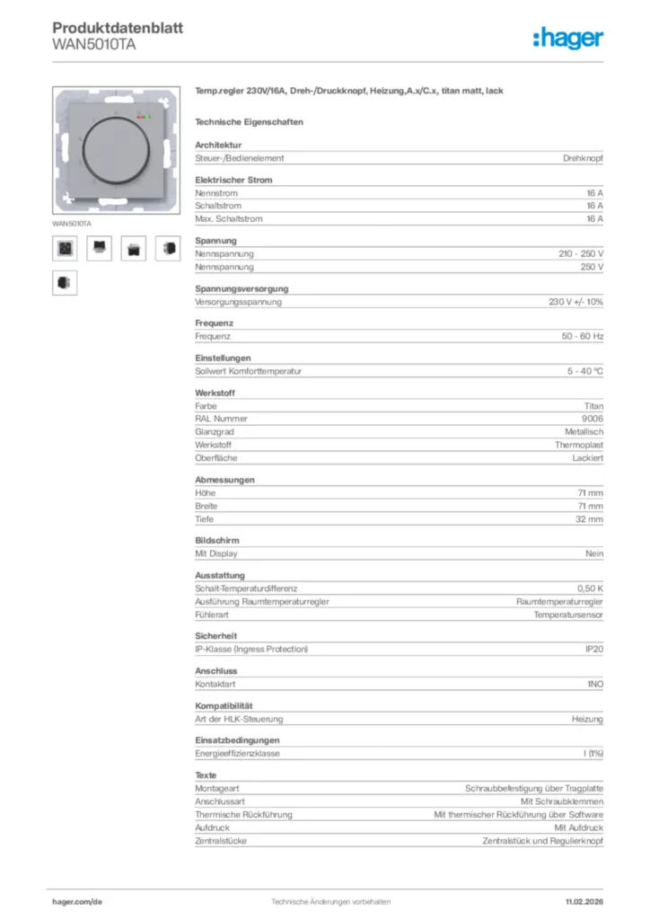 Bild Hager Produktdatenblatt WAN5010TA | Hager Deutschland