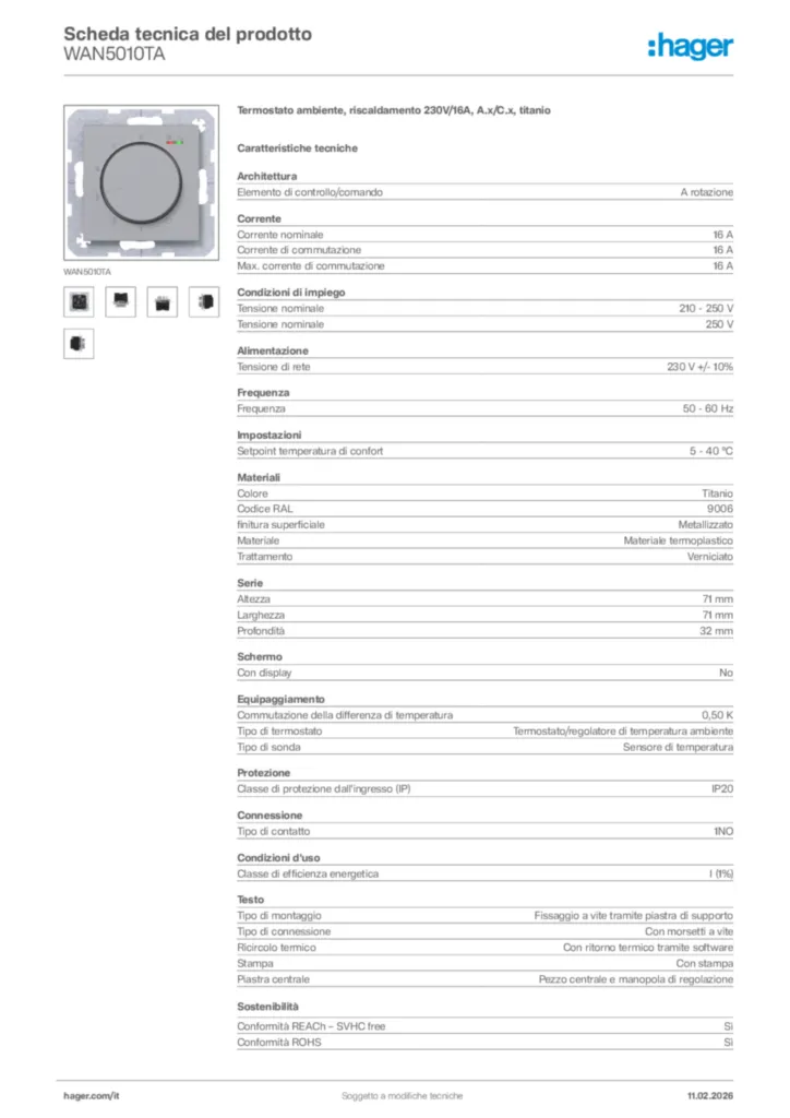 Immagine Hager Scheda tecnica del prodotto WAN5010TA | Hager Italia