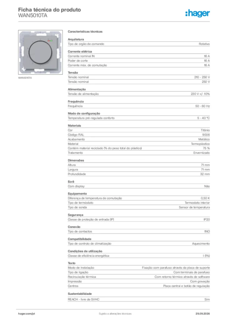 Imagem Hager Ficha técnica do produto WAN5010TA | Hager Portugal