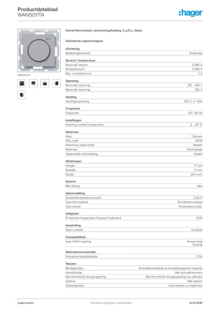 Afbeelding Hager Productdatablad WAN5011TA | Hager Nederland