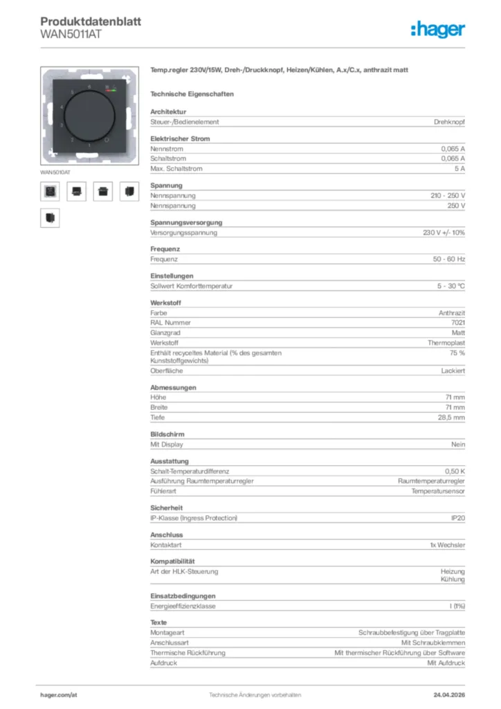 Bild Hager Produktdatenblatt WAN5011AT | Hager Deutschland