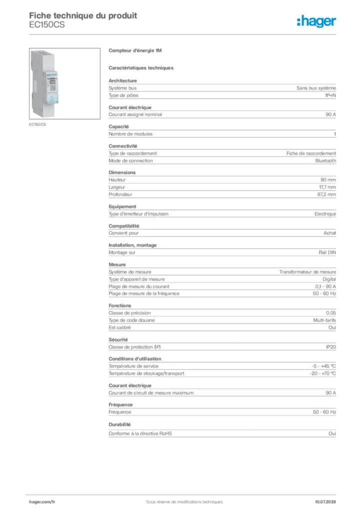 Image Hager Fiche technique du produit EC150CS | Hager France