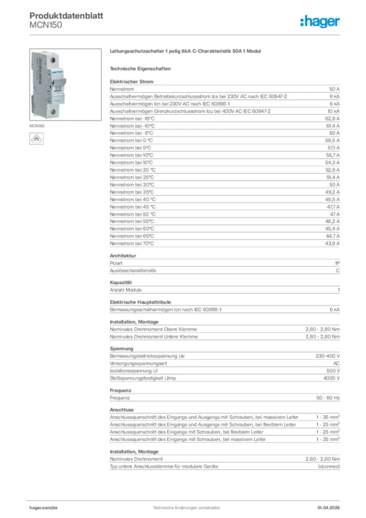 Bild Hager Produktdatenblatt MCN150 | Hager Deutschland