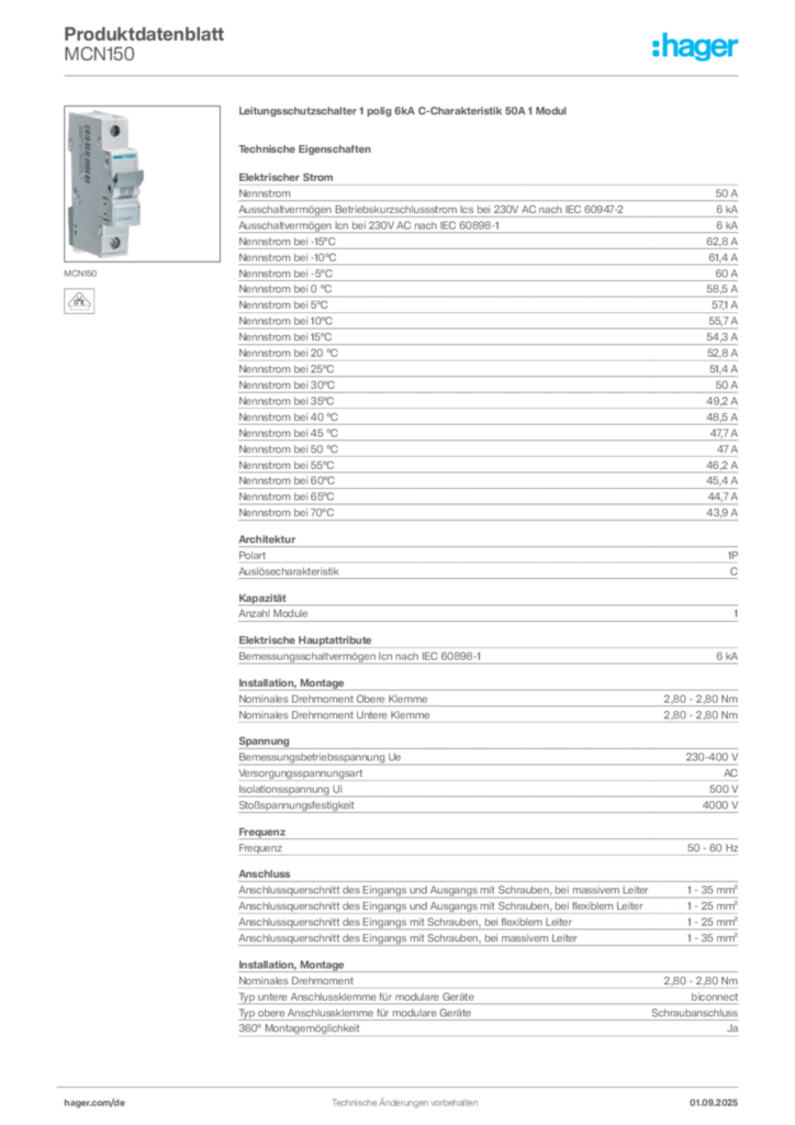 Hager Produktdatenblatt MCN150