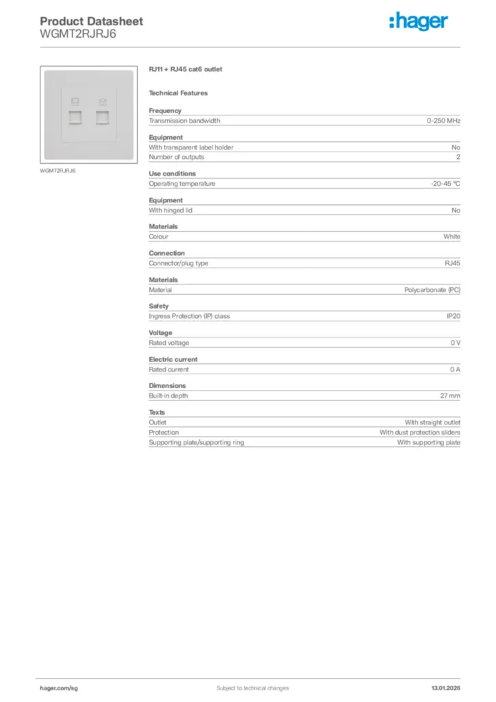 Image Hager Product data sheet WGMT2RJRJ6  | Hager