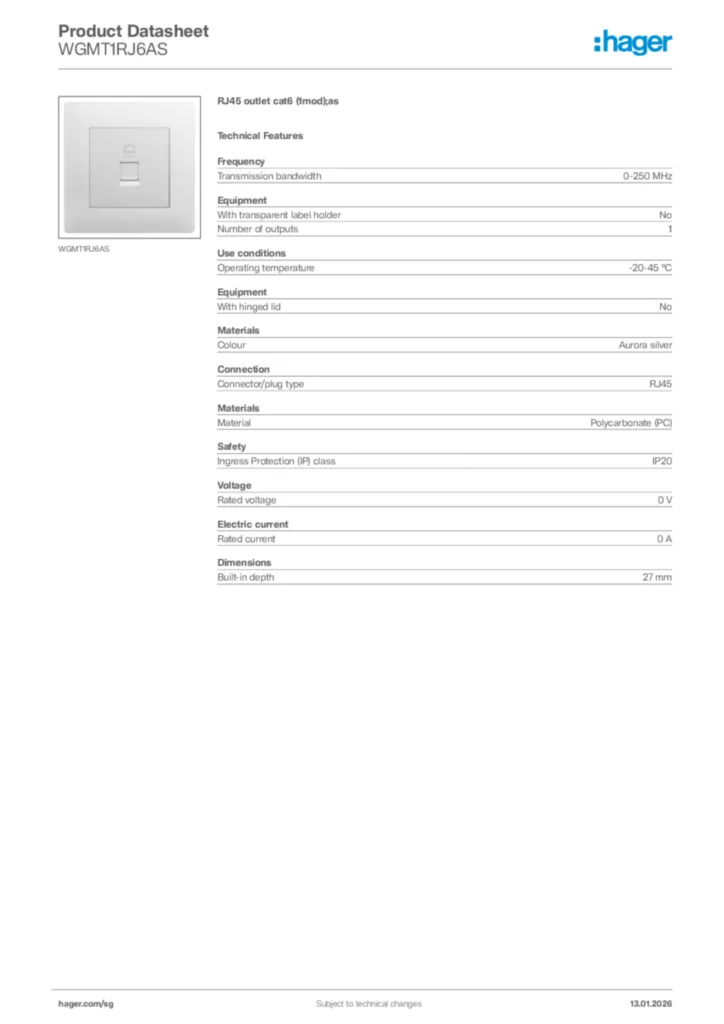 Image Hager Product data sheet WGMT1RJ6AS  | Hager