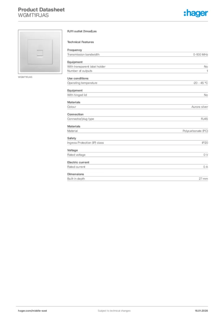 Image Hager Product data sheet WGMT1RJAS  | Hager