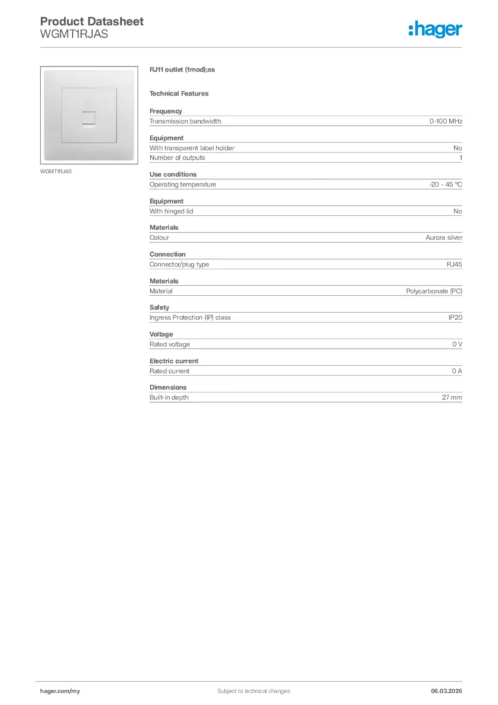 Image Hager Product data sheet WGMT1RJAS  | Hager