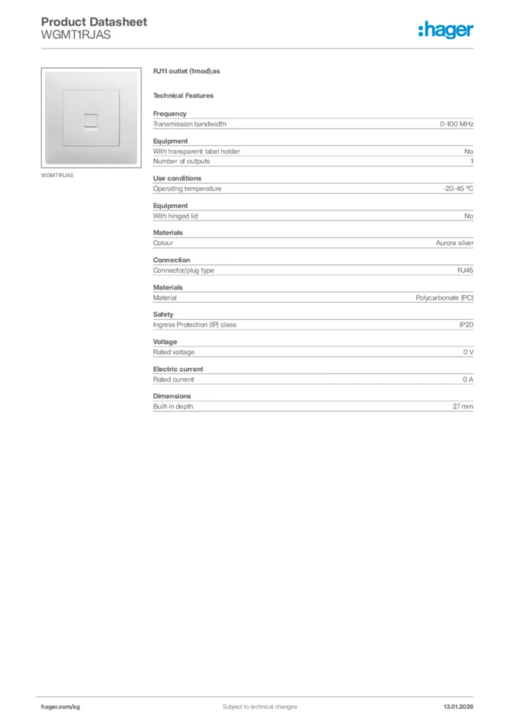 Image Hager Product data sheet WGMT1RJAS  | Hager