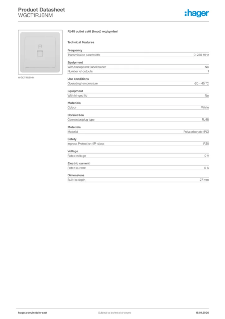 Image Hager Product data sheet WGCT1RJ6NM  | Hager