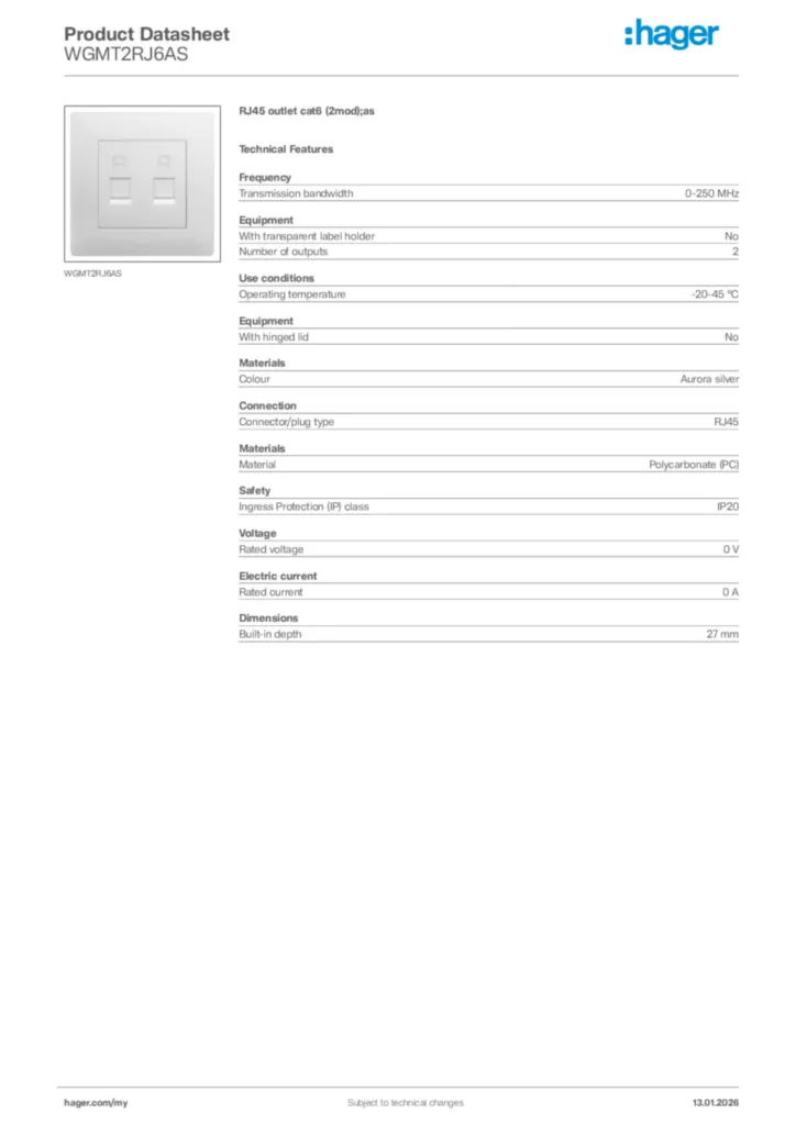 Image Hager Product data sheet WGMT2RJ6AS  | Hager