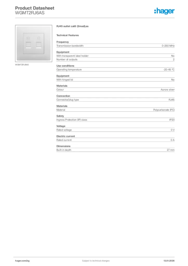 Image Hager Product data sheet WGMT2RJ6AS  | Hager