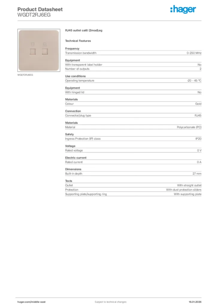 Image Hager Product data sheet WGDT2RJ6EG  | Hager