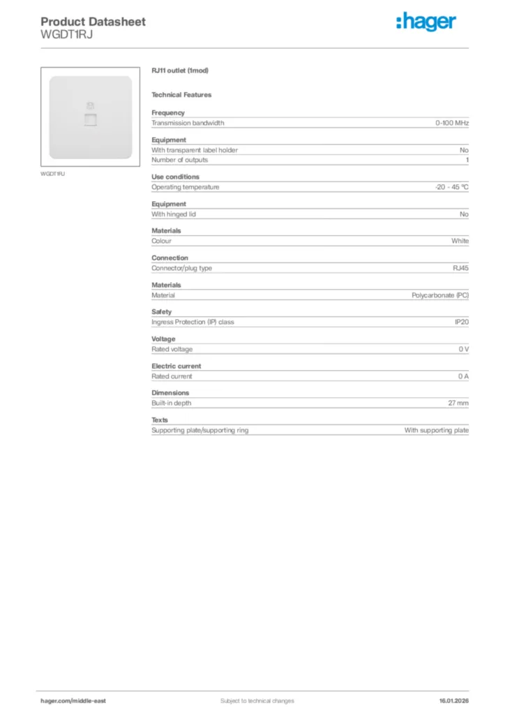 Image Hager Product data sheet WGDT1RJ  | Hager