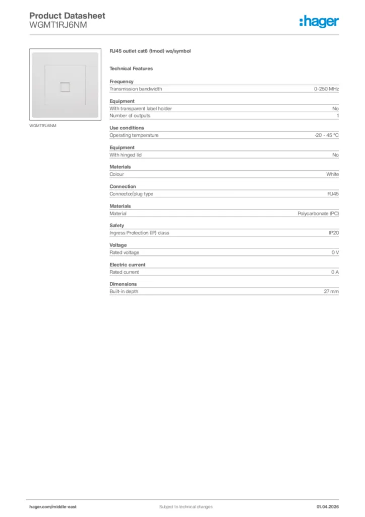 Image Hager Product data sheet WGMT1RJ6NM  | Hager