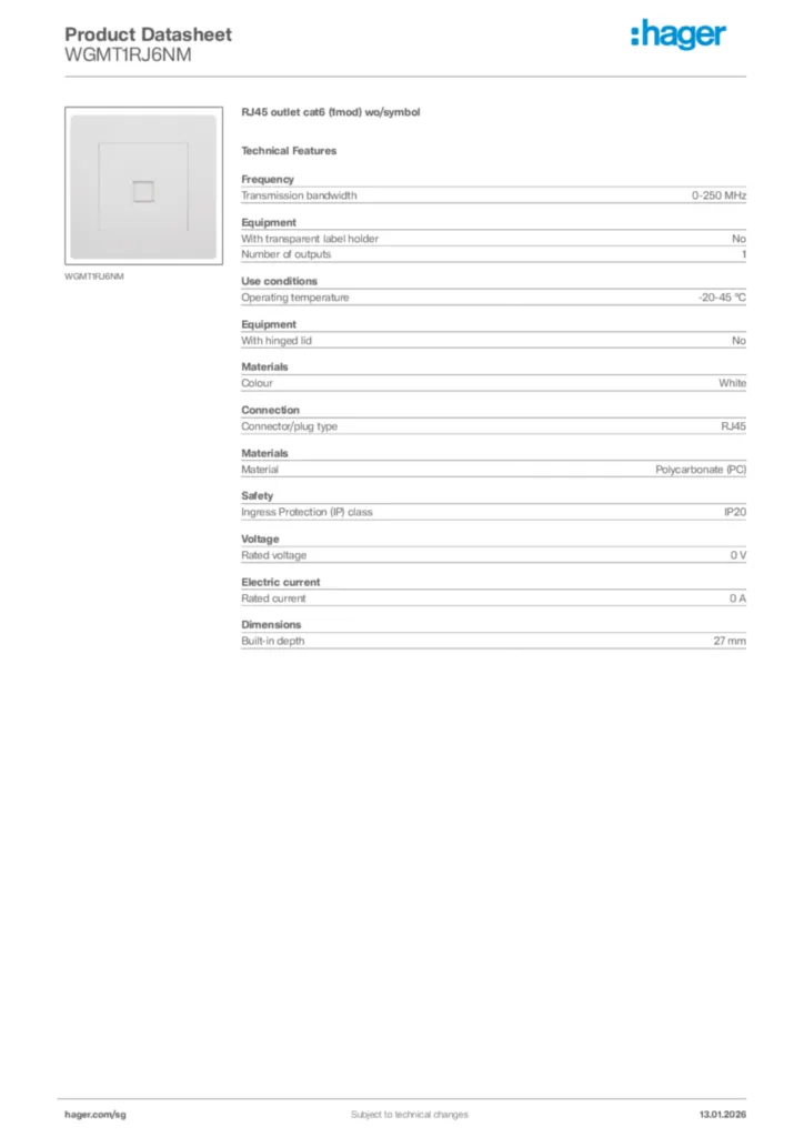 Image Hager Product data sheet WGMT1RJ6NM  | Hager