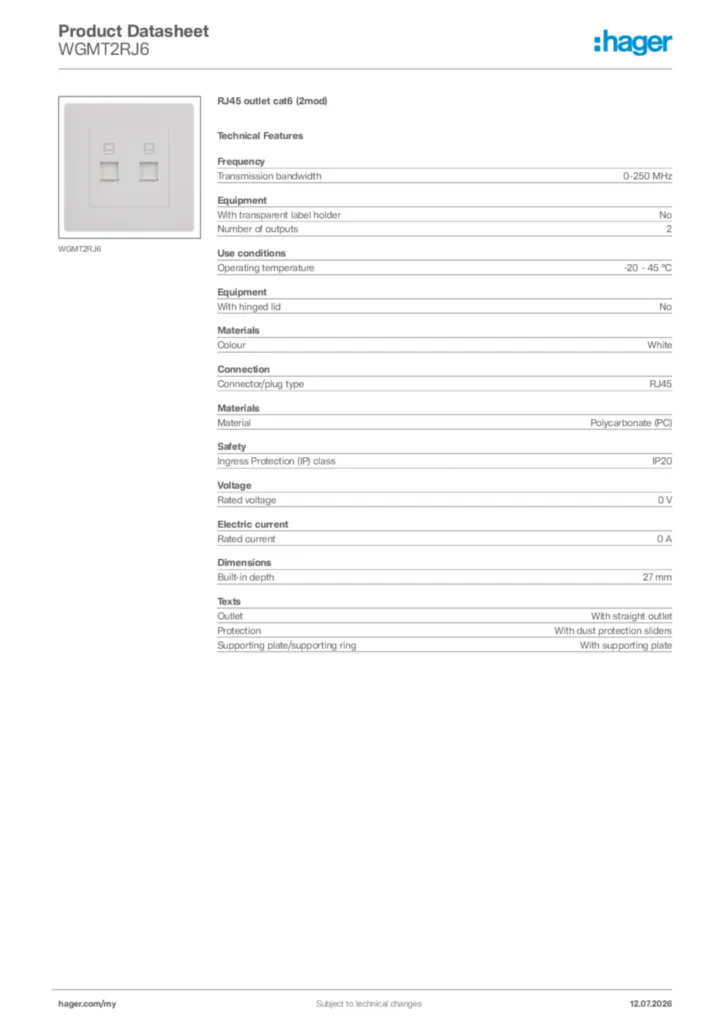 Image Hager Product data sheet WGMT2RJ6  | Hager