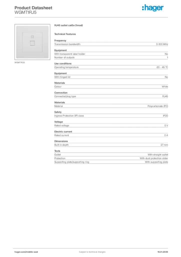 Image Hager Product data sheet WGMT1RJ5  | Hager