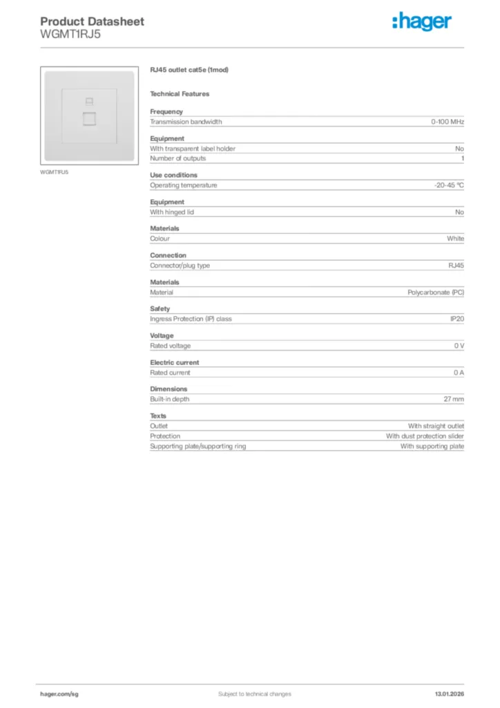Image Hager Product data sheet WGMT1RJ5  | Hager