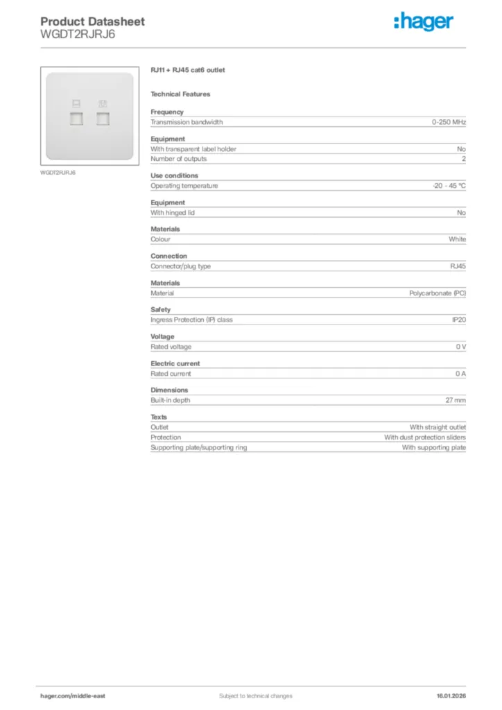 Image Hager Product data sheet WGDT2RJRJ6  | Hager