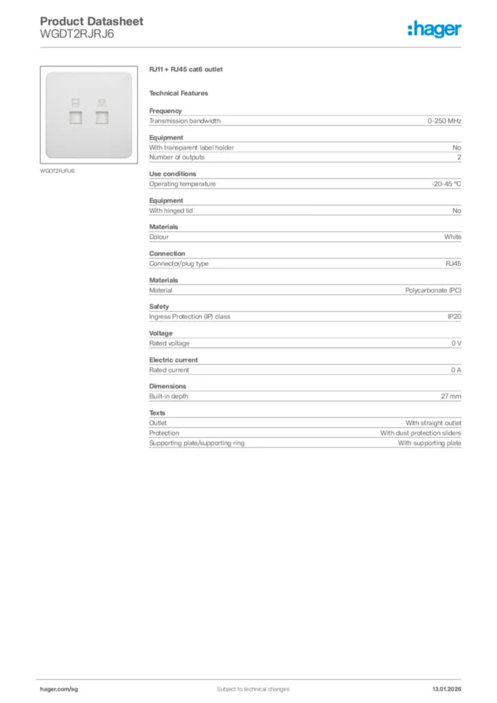 Image Hager Product data sheet WGDT2RJRJ6  | Hager