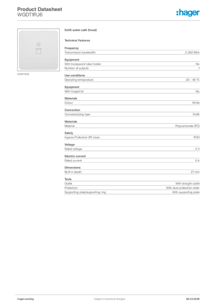 Image Hager Product data sheet WGDT1RJ6  | Hager