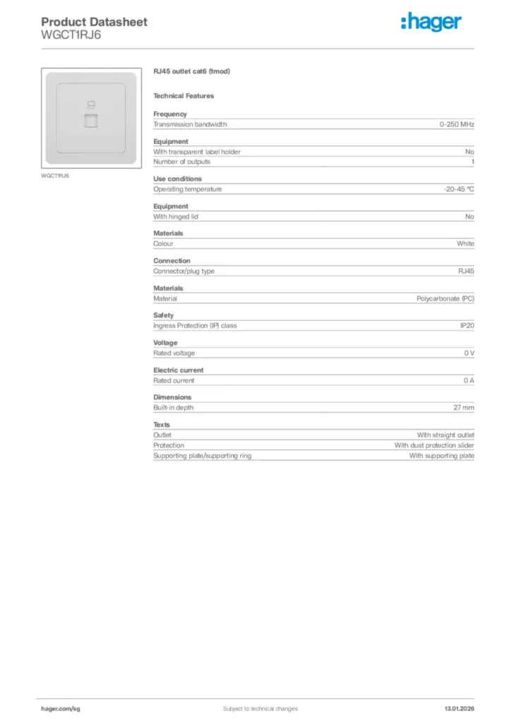 Image Hager Product data sheet WGCT1RJ6  | Hager
