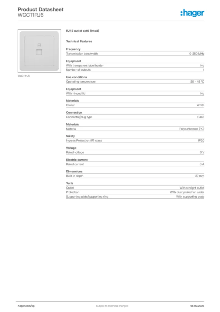 Image Hager Product data sheet WGCT1RJ6  | Hager