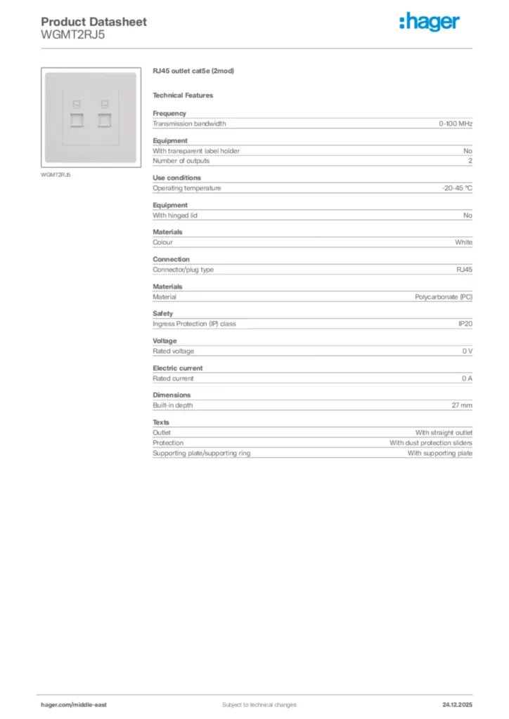 Image Hager Product data sheet WGMT2RJ5  | Hager