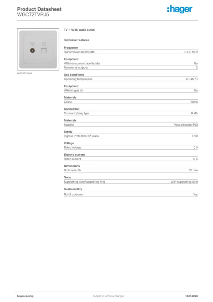 Image Hager Product data sheet WGCT2TVRJ5  | Hager